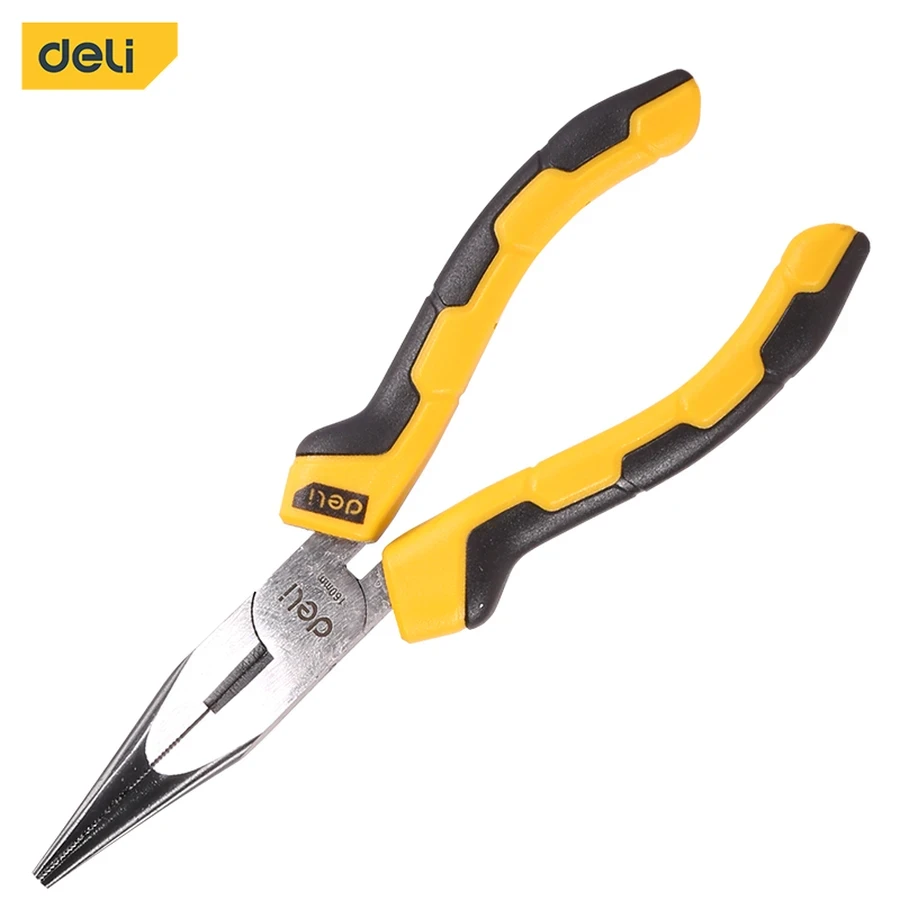 Deli 6" Professional Forged 55# Carbon Steel Long Nose Pliers | Heavy-Duty 54-62 HRC Cutting Edge Precision Needle Nose Tool with Dual-Color Grip | EDL2106 (Yellow/Black)