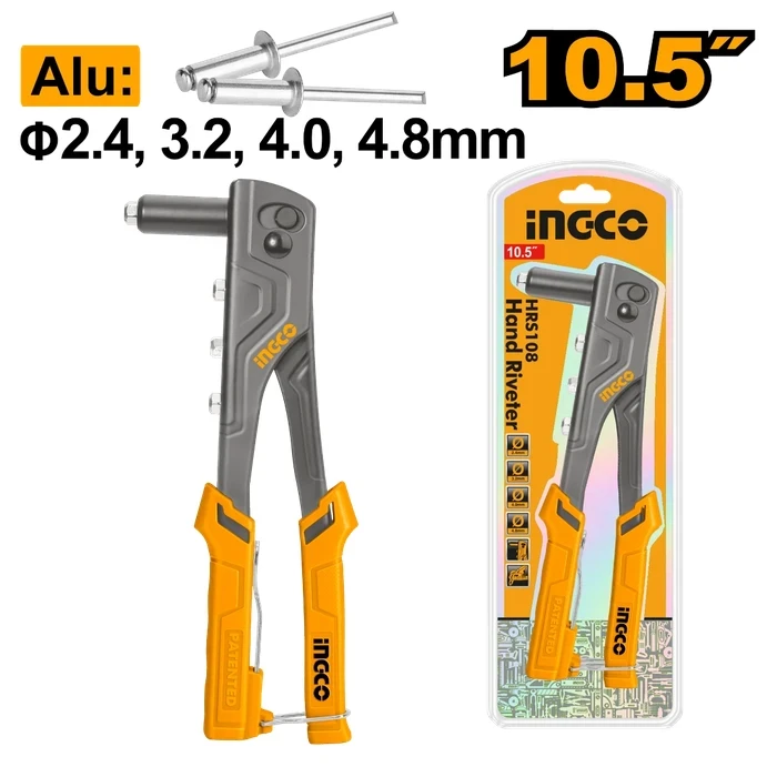 INGCO 10.5" Professional Hand Riveter | Heavy-Duty Manual Pop Rivet Gun for Aluminum Blind Rivets Size Φ2.4mm, 3.2mm, 4mm, 4.8mm | HRS108