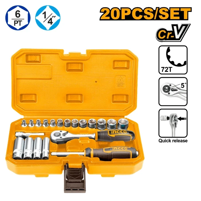 INGCO 20-Piece 1/4" Drive Socket Set | 50BV30 Cr-V Steel 45T Ratchet with Three-Color Soft Handle | 13 Shallow & 4 Deep Metric Sockets | HKTS14201
