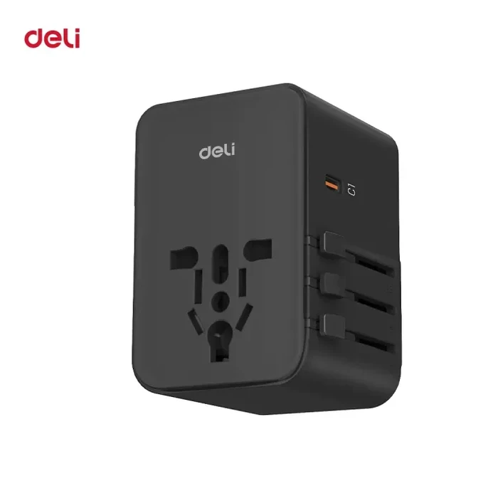 Deli Universal 70W Fast Charging Travel Adapter | EU, UK, US, AU All-in-One Socket & Plug | 3 USB-A & 2 Type C Ports with 6A Safety Fuse White | ET768