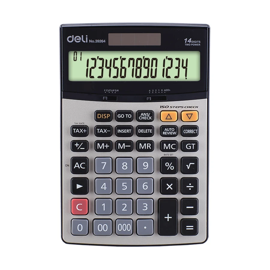 Deli 14-Digit Professional Desktop Calculator | 150 Steps Check & Correct, Dual Power, Black and Silver Finish | E39264