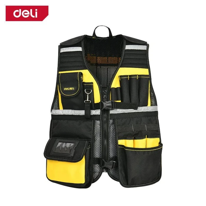 Deli 11-Pocket Professional High-Density 600D Tool Vest | Heavy-Duty 5kg Load Capacity Universal Adjustable Workwear for Electricians, Carpenters & Plumbers | EDL586113