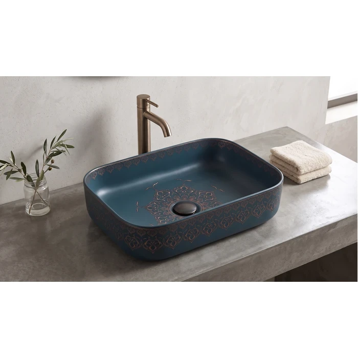 Toyo 702 Ceramic Countertop Art Basin 16"x20" | Blue Matt & Golden Premium Accent Finish | Stain Resistant Easy to Clean Bathroom Wash Basin | 510x400x135mm