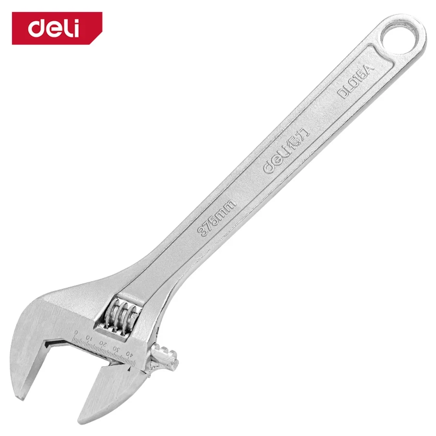 Deli 15" Professional Forged Carbon Steel Adjustable Spanner | Heavy-Duty Chrome-Plated Wrench with Precision Knurl & Laser-Etched Sizing Scale | EDL015A (Silver)