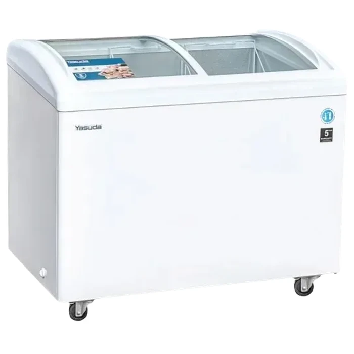 Yasuda 350L Curved Glass Door Freezer | Tropical Climate Compressor Super Freezing Efficiency | Embossed Aluminum Inner Body 4 Baskets Lock & Key White Chest Freezer | YS-CG350A