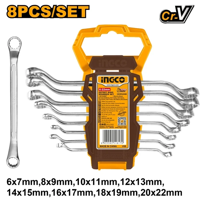 INGCO 8-Piece Professional Deep Offset Ring Spanner Set | Heavy-Duty Forged CR-V Steel Metric Box Wrenches 6-22mm with 45-Degree Angled 12-Point Heads & Fine Polished Finish | HKSPA3088