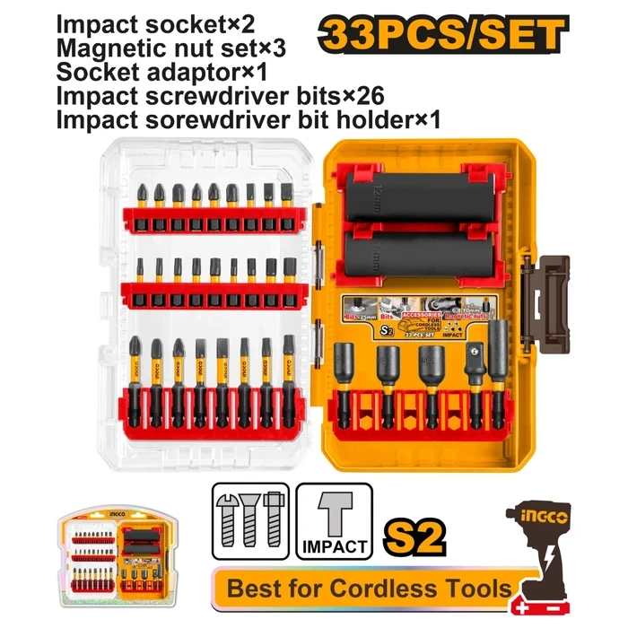 INGCO 33 Pcs Impact Screwdriver Bits & Sockets Set | Premium Cr-Mo 12/14mm Sockets & 48mm Magnetic Nut Setters | High-Torque Impact Driver Torsion Bit Holder Kit | AKDL63306