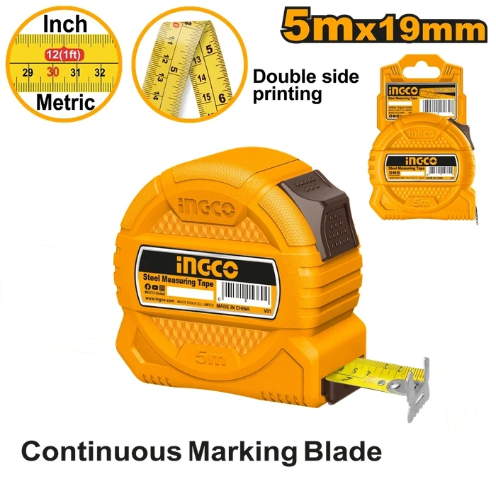 INGCO 5m x 19mm Professional Steel Measuring Tape | Pure ABS Shockproof Case with Metric & Inch Dual Scale | One-Button Retraction Lock Linear Layout Tool | HSMT39519