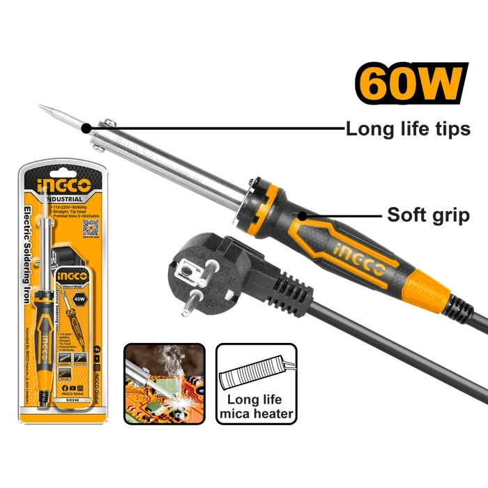 INGCO 60W Electric Soldering Iron | 220-240V Professional Circuit Board Electronics Repair Tool with 3-5 Min Preheat, Straight Tip Head and Support Stand | SI0268