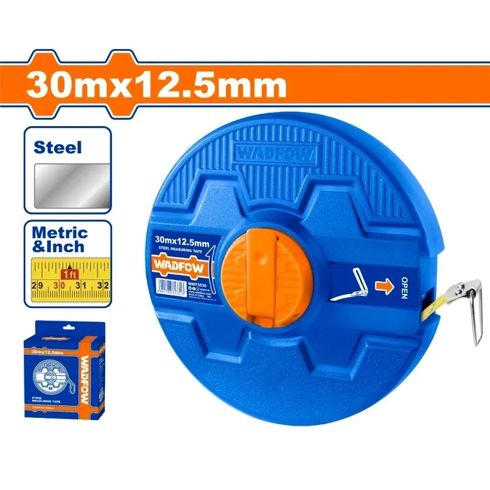 Wadfow 30m x 12.5mm Professional Steel Long Measuring Tape | Heavy-Duty Metric & Inch Dual Scale Open Frame Layout Tool with Pure Material Retracting Gear & Integrated Handle | WMT3530