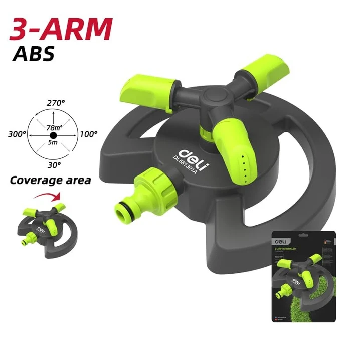 Deli 3-Arm Rotatory Lawn Sprinkler | Ultra-Durable ABS Plastic Garden Irrigation System with 15-45° Adjustable Spray Angles & 2 Hydro-Modes | EDL581301A