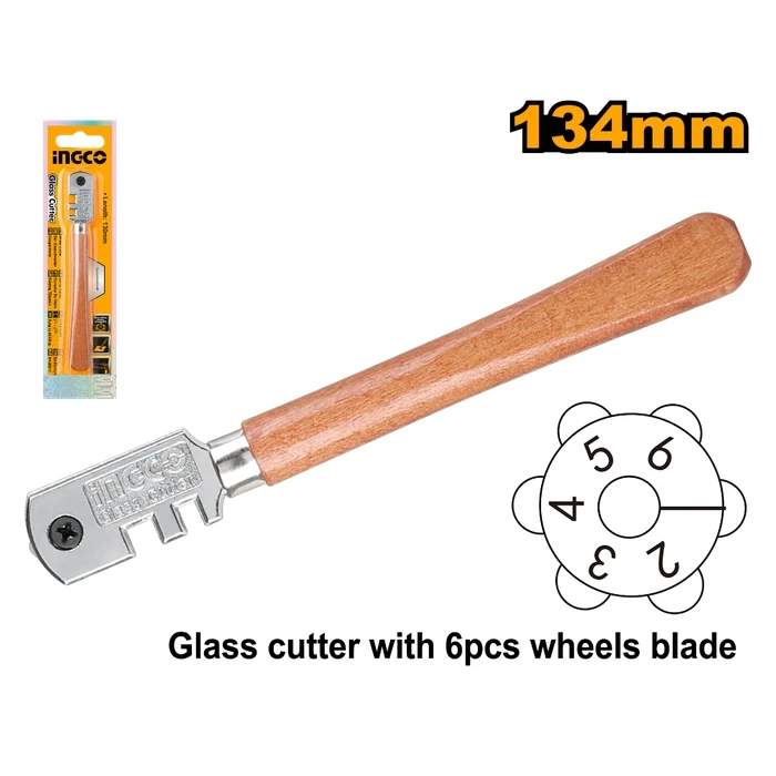 INGCO 130mm Professional Wooden Handle Glass Cutter | Heavy-Duty Rotating Turret Glazier Scribe with 6 Pcs Blades & 18000m Total Cutting Length | HGCT02