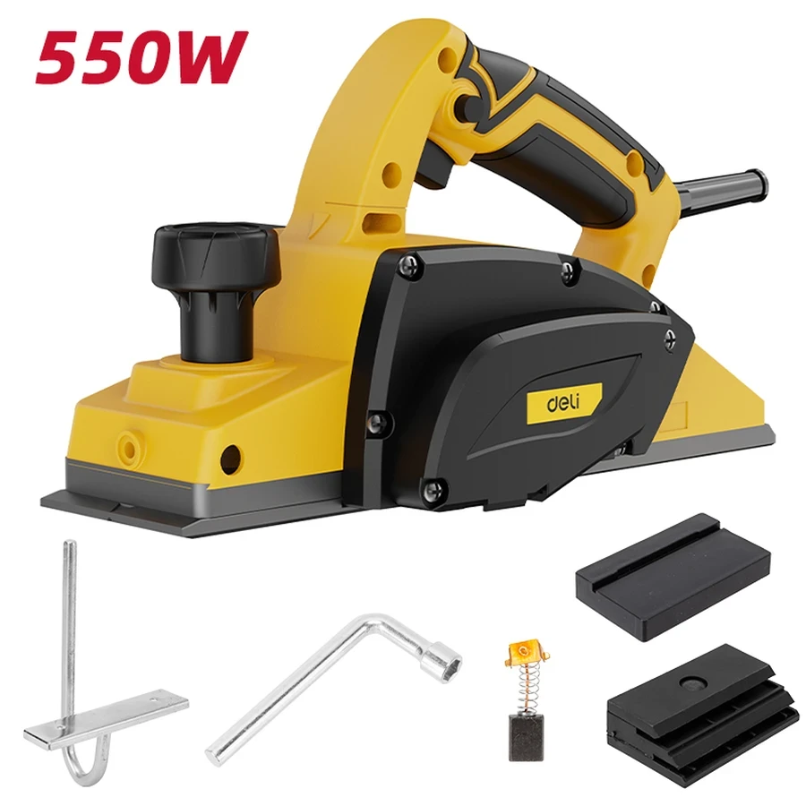 Deli 550W Professional 82mm Electric Wood Planer | 15,800 RPM Pure Copper Motor 1mm Depth & 9mm Rabbeting Capacity with High-Speed Steel Blades (Yellow) | EDC591