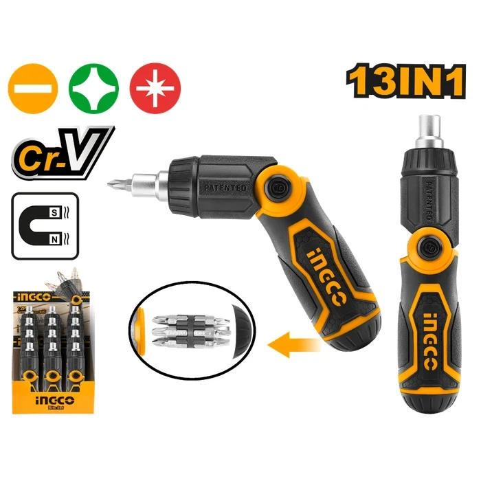 INGCO 13-In-1 Folding Ratchet Screwdriver Set | Hardened Cr-V Multi-Bits & Dual-Position Handle | Internal Storage Base | AKISD1208