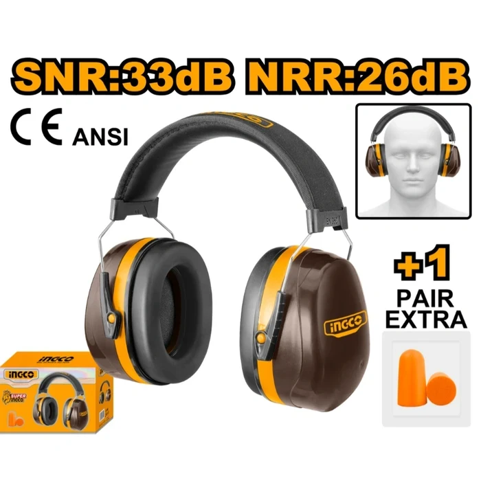 INGCO Professional Industrial Noise Reduction Earmuff | Heavy-Duty SNR 33dB / NRR 26dB Protection with Extra 38dB Earplugs & ABS Double-Shell | HEM3328