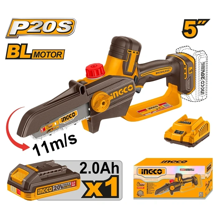 INGCO 20V Cordless Brushless Pruner Saw | 5" Mini Handheld Chainsaw Kit with Auto Lubrication | 11m/s High Speed 1/4" Pitch Wood Cutter | Includes 2.0Ah Battery & Charger | CGSLI20561