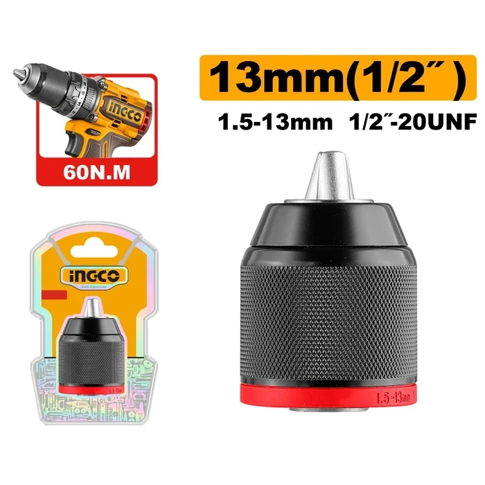 INGCO 13mm (1/2") Keyless Impact Drill Chuck | Unique Design Hand-Tightened Clamping Collar with 1/2"-20UNF Threaded Spindle Connection | KC13201