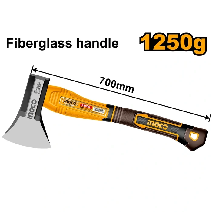 INGCO 1250g Professional Felling Axe | Innovated Drop-Forged 45# Carbon Steel Heat Treated Head | Strong 3-Color Shock Absorbing Fiberglass Handle Wood Chopping Tool | HAX0811250