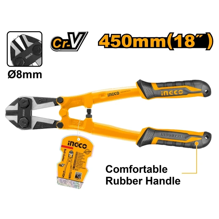 INGCO 18" Professional Heavy-Duty Bolt Cutter | Premium Chromium-Vanadium Cr-V Blade Shearing Tool with Black Polished Finish & Anti-Slip TPR Two-Color Handle | HBC0818
