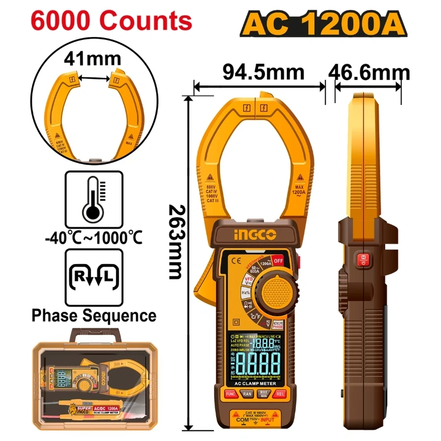 Professional True RMS High-Current AC Digital Clamp Meter (1200A / 6000 Counts) | NCV Sensor, Capacitance & Temperature Tester with LED Worklight | DCM610001