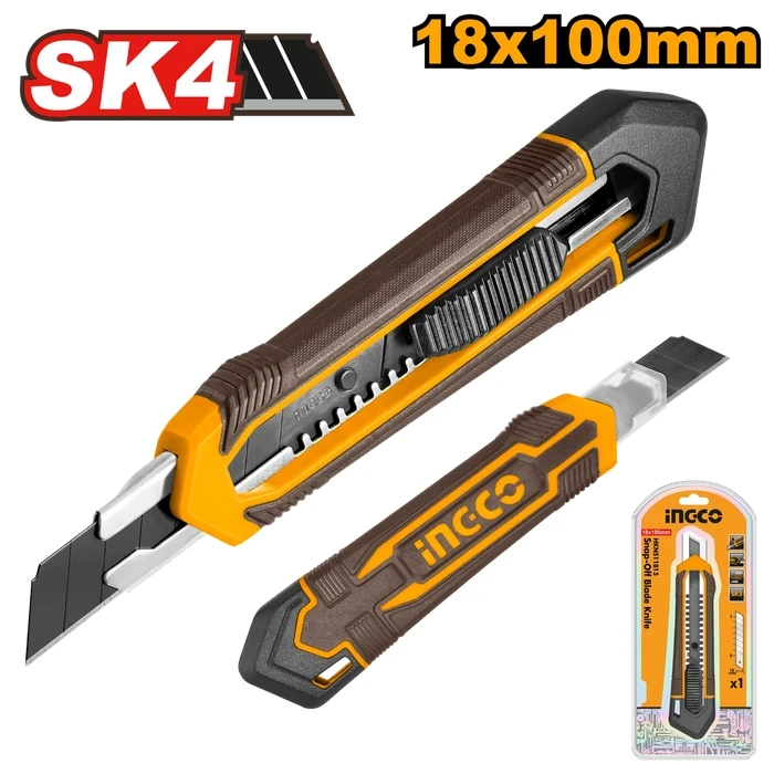 INGCO 179mm Professional Snap-Off Blade Utility Knife | 18mm x 100mm Heavy-Duty SK4 Steel Blade Box Cutter with Flat Push Button Locking Slider | HKNS11815