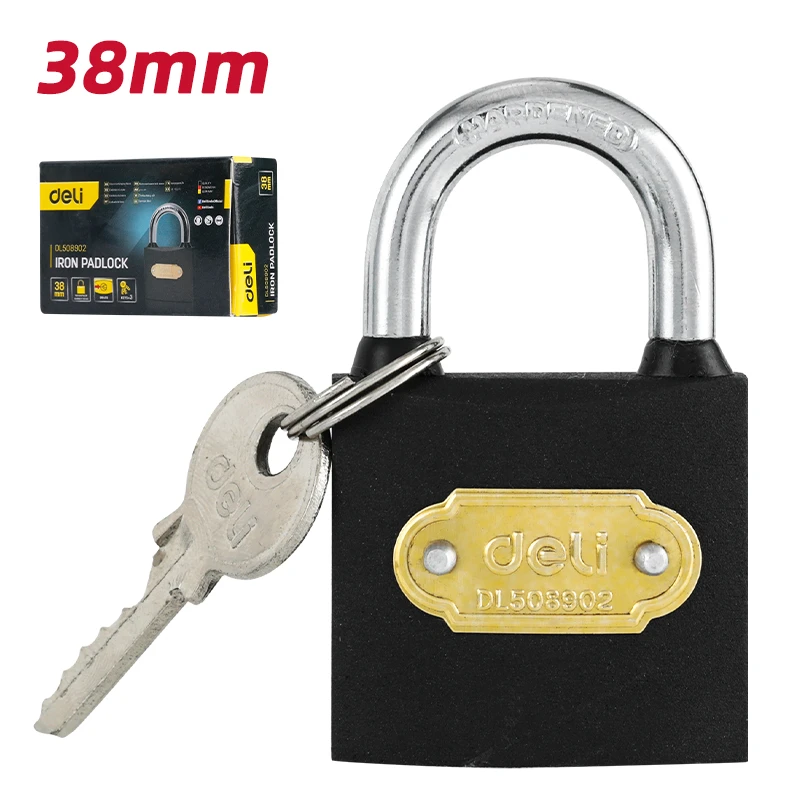 Deli Medium-Duty Iron Padlock 38mm with Durable Alloy Steel Shackle & Waterproof Keyhole Cover (Black) | EDL508902