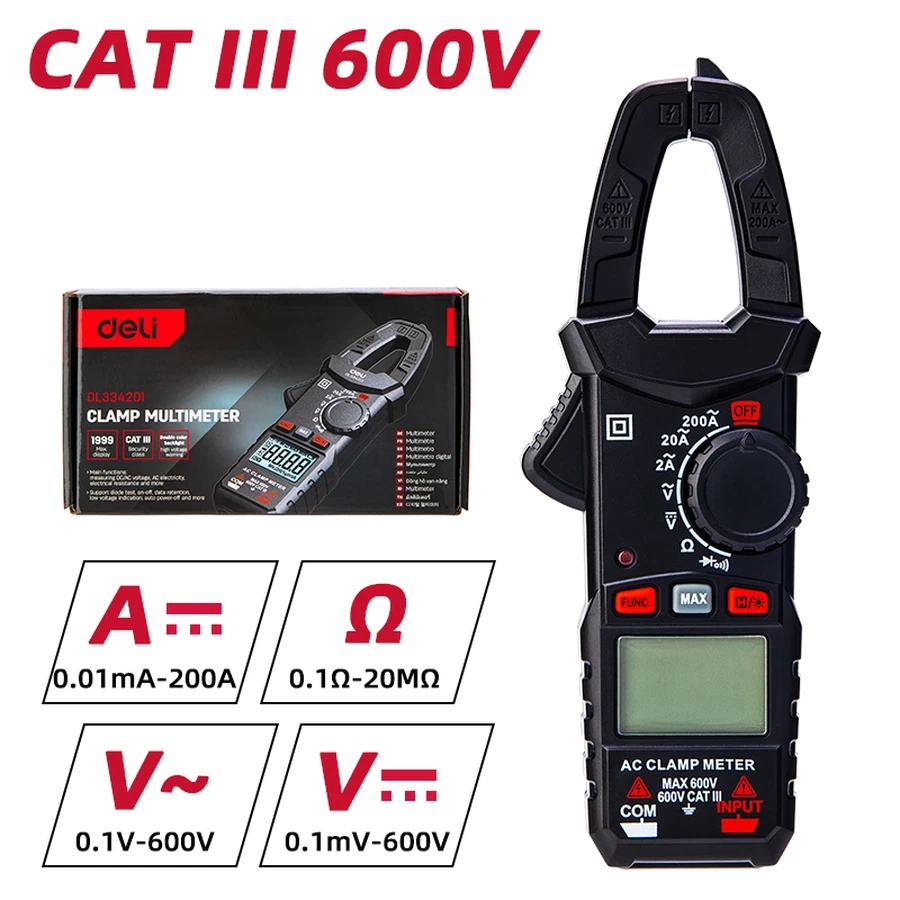 Deli Digital Clamp Multimeter 3 5/6 CAT III 600V Auto Ranging 25mm Clamp Size for AC/DC Voltage, AC Current & Resistance with Backlight & Data Hold (Red) | EDL334201