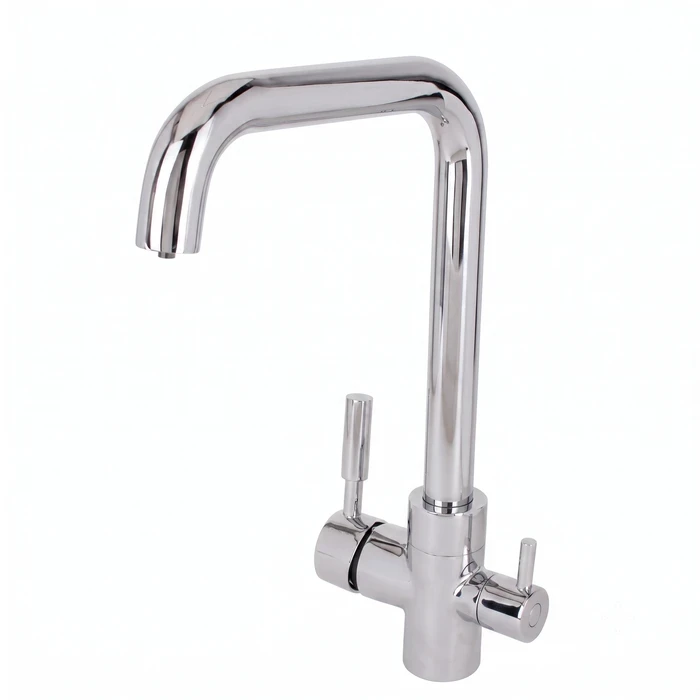 Toyo Chrome 3-in-1 Single Lever Table-Mounted Kitchen Sink Mixer for Filtered & Utility Water with Extended Swinging Spout & 600mm Braided Hoses | TOYO-1028