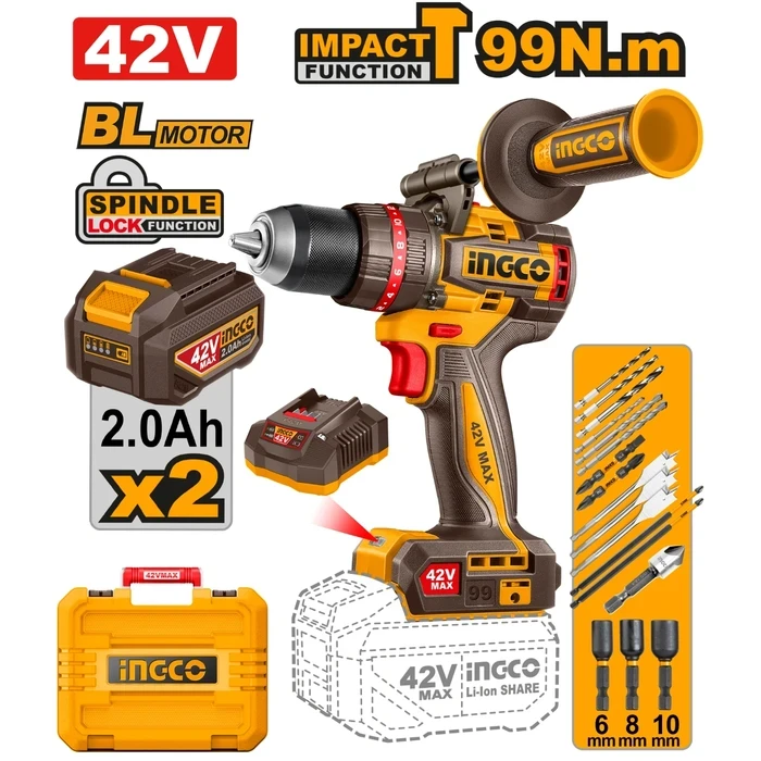 INGCO 42V Cordless Brushless Impact Drill | 99Nm High Torque 2-Speed Hammer Drill with 13mm Metal Chuck, Dual 2.0Ah Batteries, Charger, and 17-Piece Master Drilling Accessory Set | CIDLI429982
