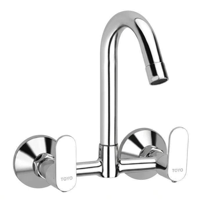 Toyo Wall Mounted Kitchen Sink Mixer with Swinging Spout & Dual Operating Handles | Solid Brass Kitchen Faucet with Connecting Legs | CO-52119