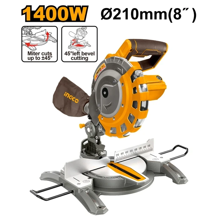 INGCO 1400W 210mm Compound Mitre Saw | 5000RPM High Speed Wood Cutter with 0-45° Dual-Angle Mitre/Bevel Adjustments, Extension Bars, TCT Blade & Dust Bag | BMS14007