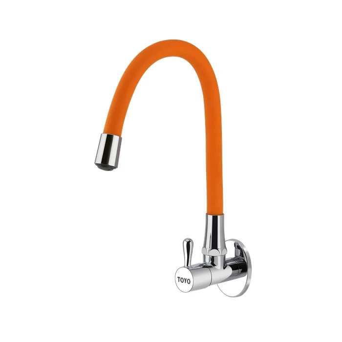 TOYO BE-53123 Premium Wall Mounted Sink Cock | Solid Brass Kitchen Faucet with Shape-Retaining Flexible Orange Multiflow Spout and Matching Wall Flange Kit