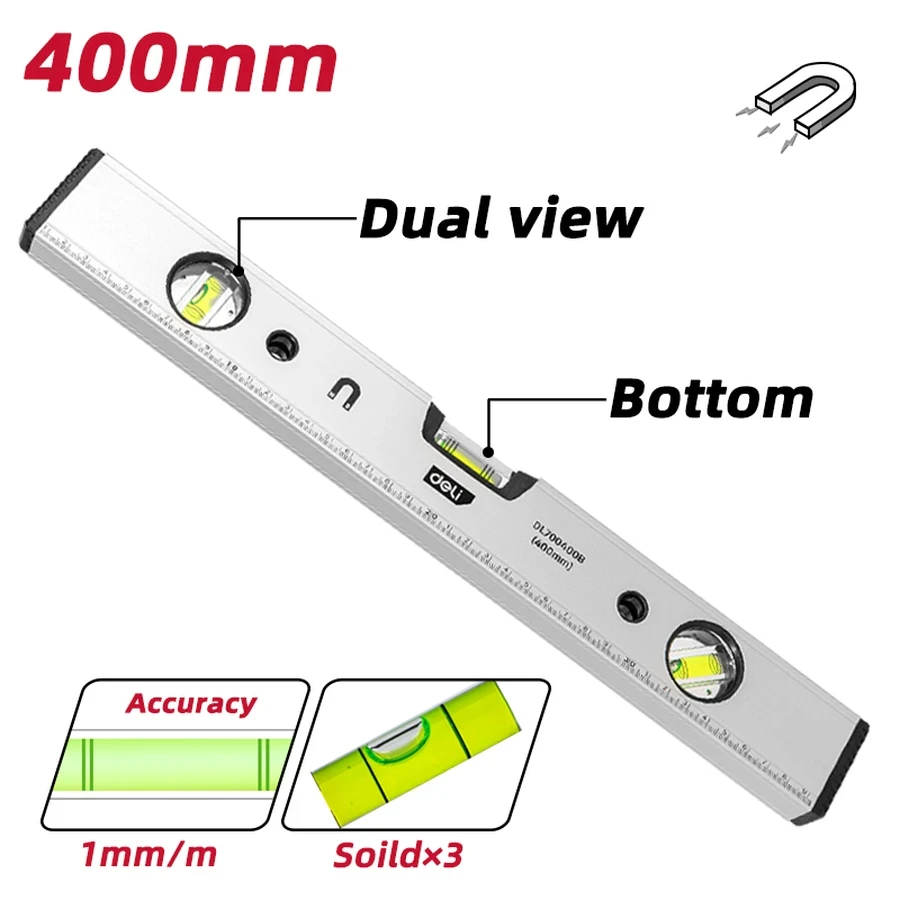 Deli 400mm (16") Professional Magnetic Aluminum Spirit Level | Heavy-Duty 1mm/m Precision Level with CNC Machined Vials & Shock-Absorbing Rubber Caps | EDL700400B