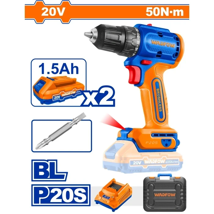 Wadfow 20V Cordless Brushless Drill Driver Kit with 2x 1.5Ah Batteries & Charger | 50Nm High-Torque 10mm Keyless Chuck 2-Speed Power Tool | WCDP552