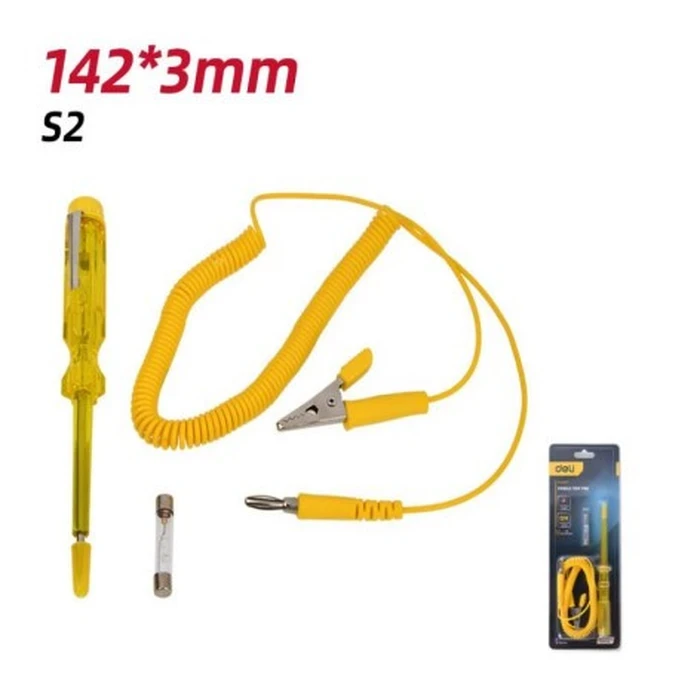 Deli 6V - 12V - 24V DC Automotive Voltage Tester | 142mm Low-Voltage Circuit Tester Pen with Alligator Clip Flexible Spring Cable & Neon Indicator | EDL8007