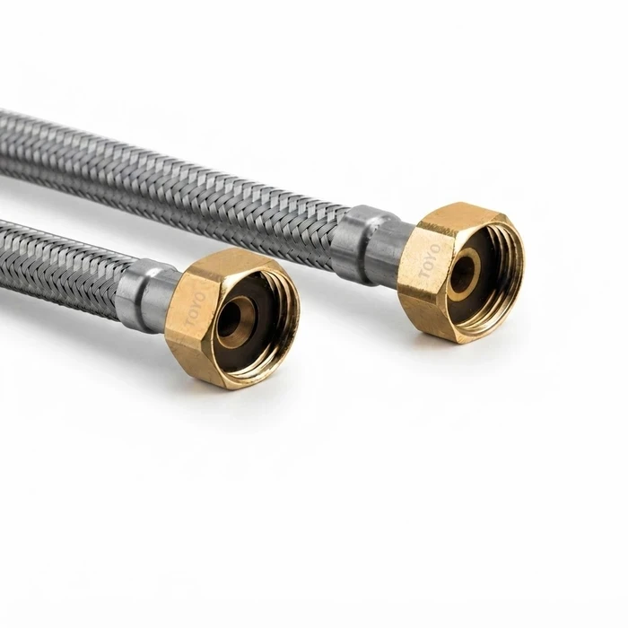 Toyo Heavy-Duty SS-304 Braided Water Connection Pipe (18 Inch) | 20 Bar Pressure & -40°C to 100°C Rated with Heavy Brass Nuts | TOYO-31118