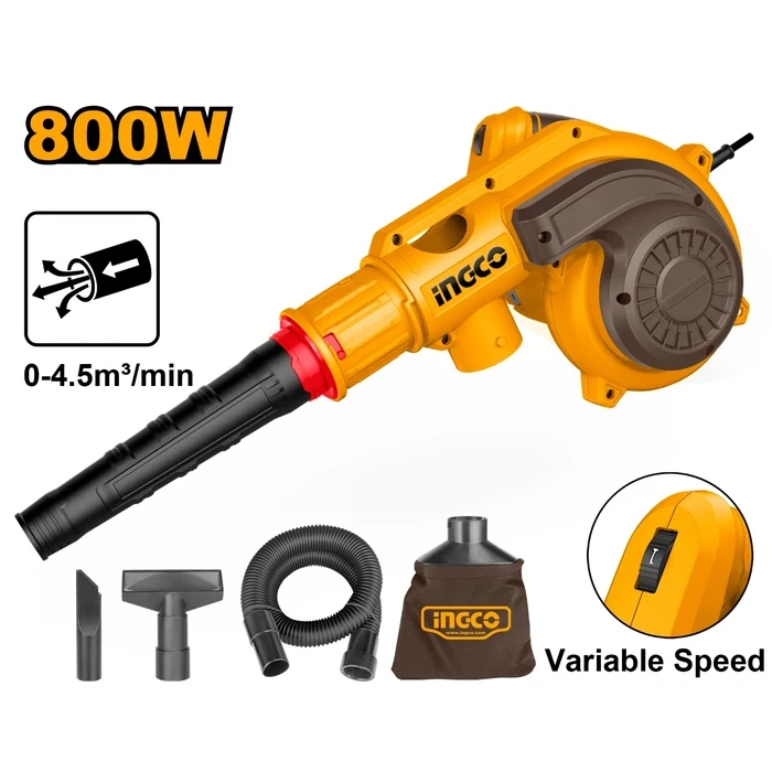 INGCO 800W Variable Speed Electric Aspirator Blower & Vacuum | 15000RPM High Output Dual-Mode Dust Extractor with Flexible Tube, 2 Suction Nozzles & Dust Bag | AB8038