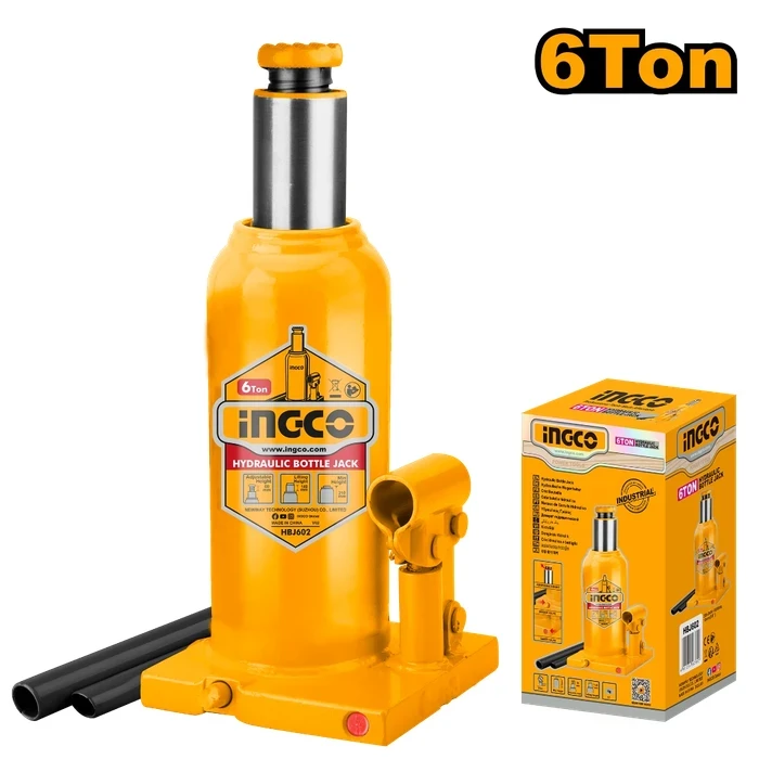 INGCO 6-Ton Professional Hydraulic Bottle Jack | Heavy-Duty Vehicle Lift with Integrated Safety Overload Valve, 210mm-410mm Dynamic Height Range & 200mm Travel | HBJ602
