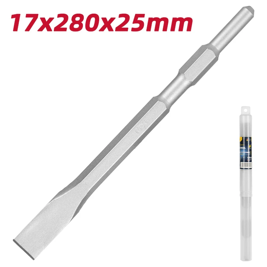 Deli 17x280x25mm Professional 40Cr Hex Flat Chisel | Heavy-Duty Demolition Breaker Bit for Concrete, Brick, Cement & Stone | EDH-HBZ25280-E1