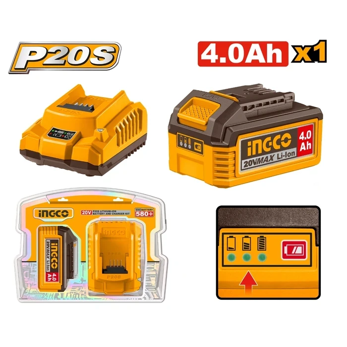 INGCO 20V Lithium-Ion Battery & Charger Power Starter Kit | 4.0Ah FBLI20021 Battery with LED Indicator & 2A FCLI2001 Fast Charger for P20S Multi-Tools | FBCPK1012