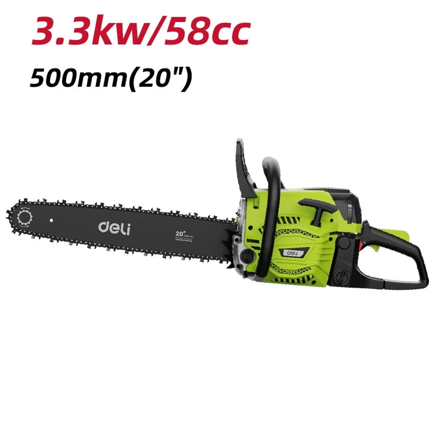Deli 58cc 20" Professional Gasoline Chain Saw | High-Power 2-Stroke Petrol Engine with Anti-Vibration, Auto-Oiling & Inertia Chain Brake (Green) | EDE-LJ20-1