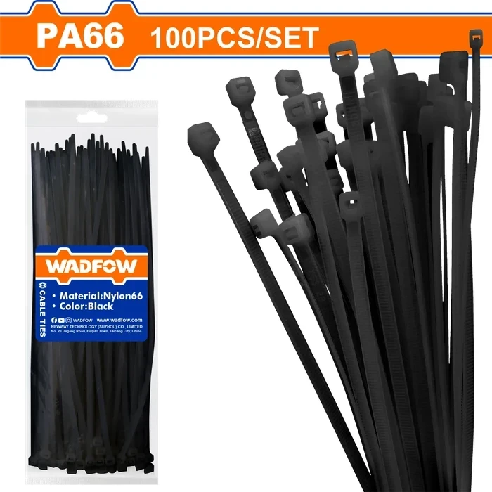 Wadfow 200mm x 3.6mm Industrial Nylon 66 Cable Ties | 100-Piece UV-Resistant Self-Locking Black Zip Ties Set for Electrical Wire Management and Bundling | WTEB520036