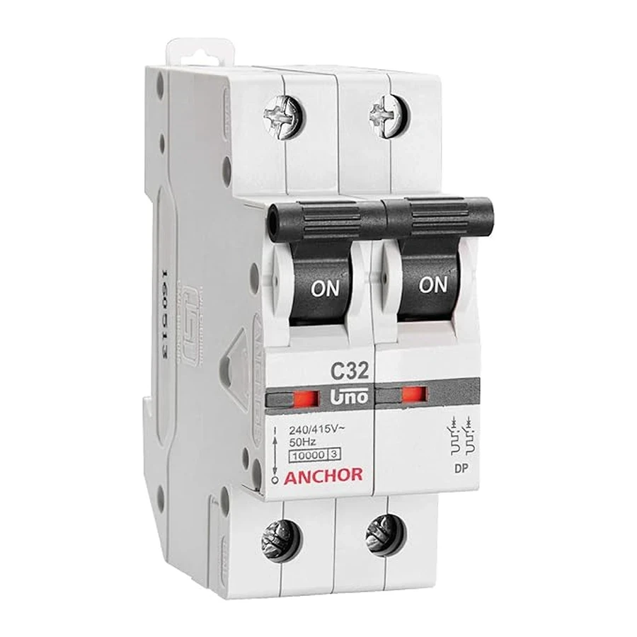 Anchor UNO DP MCB 16A 'C' Curve 98019 - Double Pole, Standard Current Capacity, DIN Rail Mount Circuit Breaker