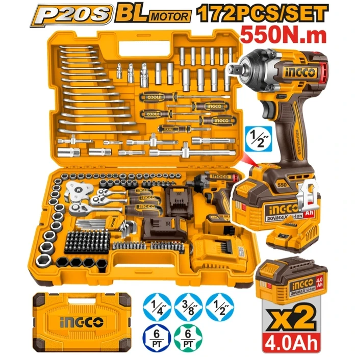 INGCO 172 Pcs Cordless Impact Wrench & Mechanics Tool Set | 20V 550Nm 1/2" Drive Impact Wrench with Dual 4.0Ah Batteries, Charger, 3-Drive Ratchets, Sockets, Spanners & Carrying Case | HKTHP41723