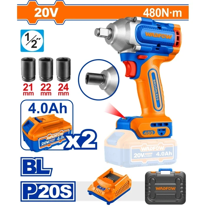 Wadfow 20V Cordless Brushless 1/2" Impact Wrench Kit with 2x 4.0Ah Batteries & Sockets | 600Nm Nut-Busting Torque 3-Speed High-Performance Power Tool | WCD1B483