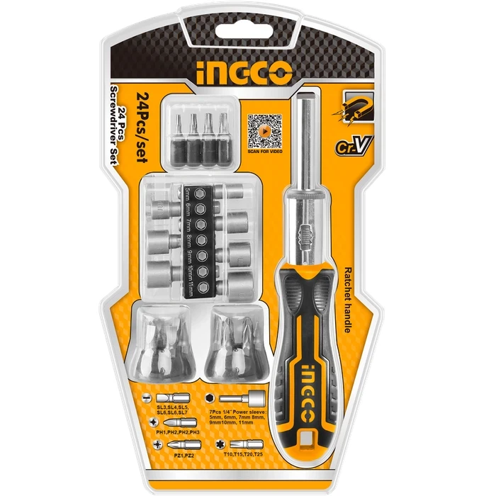 INGCO 24-Piece Ratchet Screwdriver & Nut Driver Set | Hardened Cr-V Steel Bits & 1/4" Metric Power Sleeves | Multi-Directional Ergonomic Selector Handle | HKSDB0248