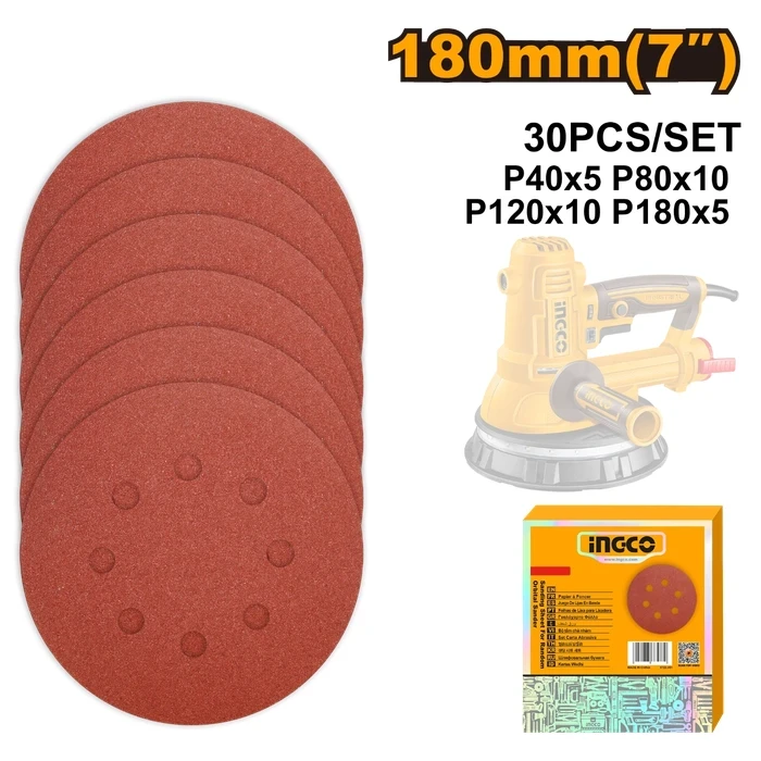 INGCO 30-Piece 180mm (7") Random Orbital Sander Sanding Sheets Set | Mixed Grit Pack P40, P80, P120 & P180 for Grinding Wood, Wall, Paint, Plastic, Stone, Metal, and Glass | AKRS180030