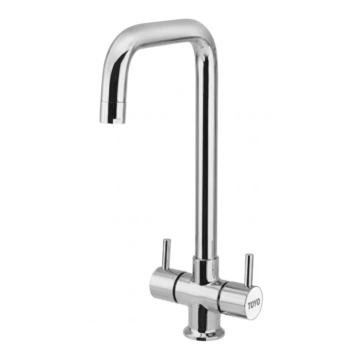 Toyo Centre Hole Sink Mixer with Long Extended Swinging Spout & 600 mm Braided Hoses | Solid Brass Table-Mounted Deck Kitchen Faucet | RU-51322