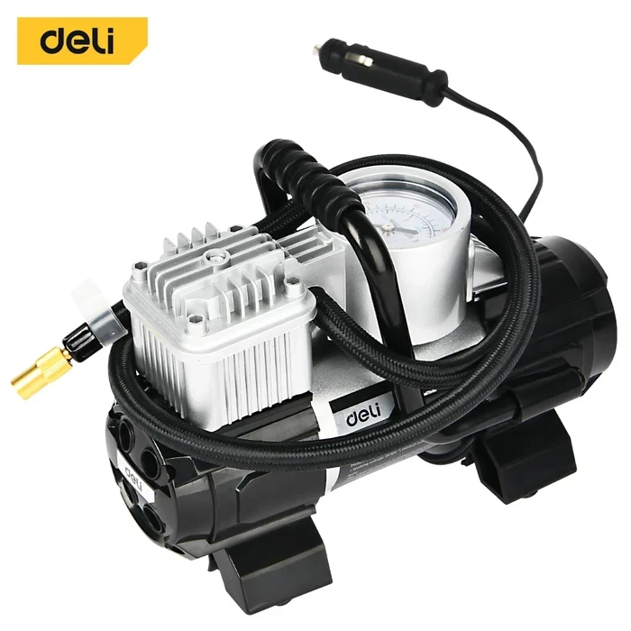 Deli 12V Professional 140 PSI Portable Auto Air Compressor | Heavy-Duty 35L/min Tyre Inflator with Built-in LED Light, 3m Power Cord, Cigarette Adapter & Battery Clips | EDL8058