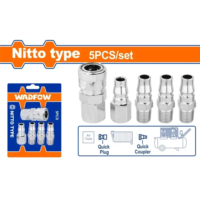Wadfow 5-Pcs 1/4" Quick Coupler Set with Japanese Nitto Type Interface | 1x Female Coupler 3x Male Plugs 1x Female Plug Air Line Fittings | WQP3673